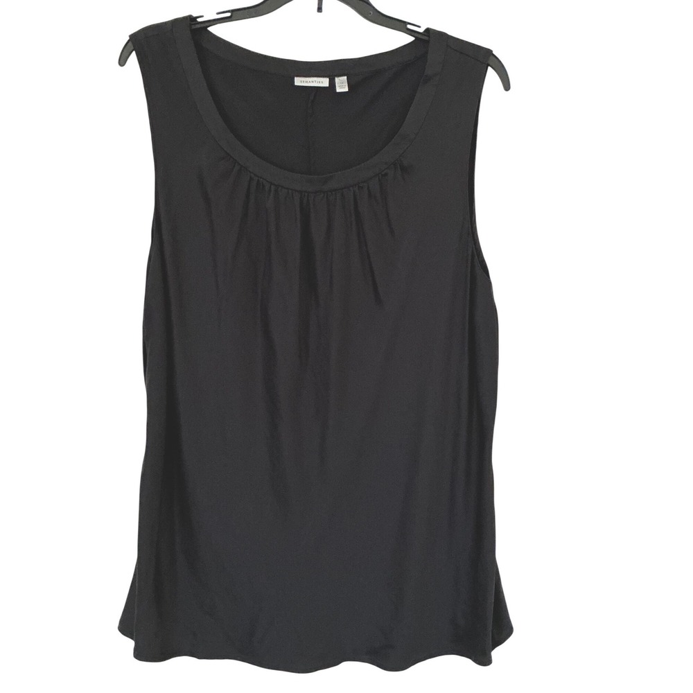 Semantiks Womens 1X Black 100% Silk Sleeveless Blouse Gathered Scoop Neck Shell
